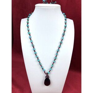 Chan Luu Necklace Turquoise & Faceted Garnet Teardrop w Earrings Set